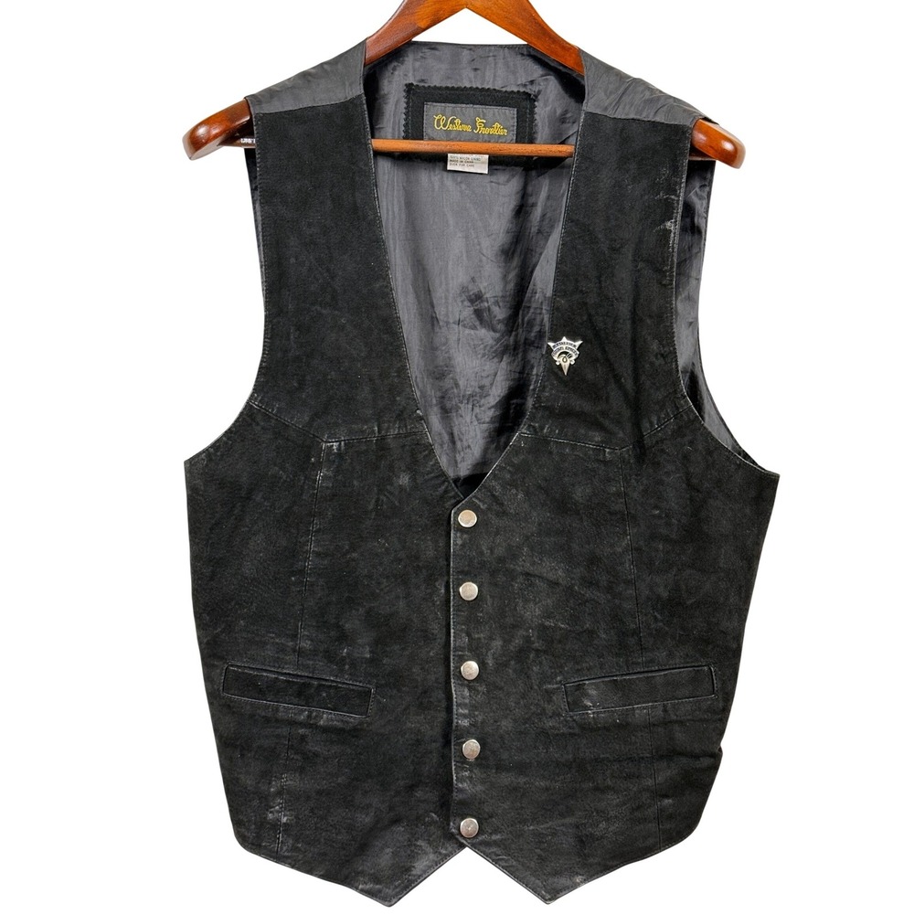 Vintage Western Frontier Leather Biker Vest Air Force Pin Men's Large Y2K